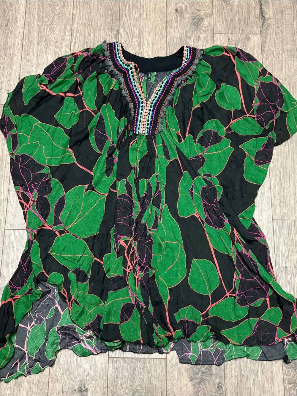 Green flowy boho oversized embroidered floral short sleeve top